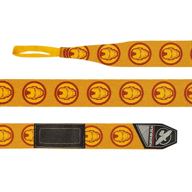 Hayabusa Iron Man bandages volledig uitgerold met geel-rode Iron Man helm print en zwart Hayabusa-label, inclusief duimlus.