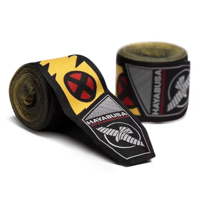 Twee opgerolde Hayabusa Wolverine bandages in zwart-geel design met Marvel-logo.