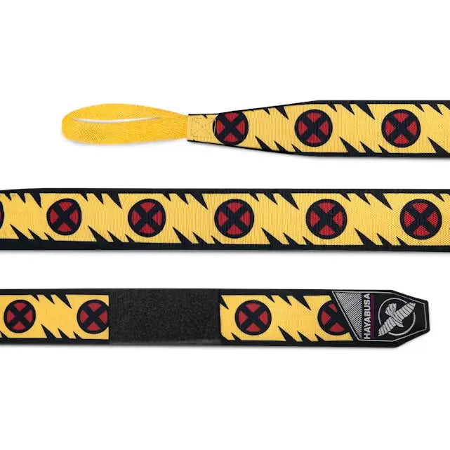 Uitgerolde Hayabusa Wolverine bandage met opvallend geel design, zwarte bliksemschicht-graphics en rode X-Men logo’s.