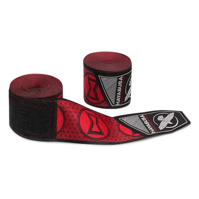 Rode Hayabusa Black Widow handwraps met logo's en zwarte sluiting
