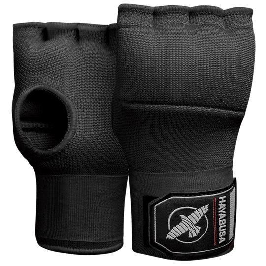 Zwarte Hayabusa binnenhandschoenen Quick Gel Wraps, plat weergegeven.