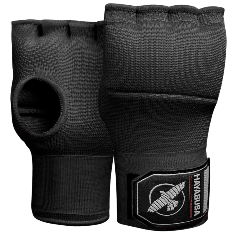 Zwarte Hayabusa binnenhandschoenen Quick Gel Wraps, plat weergegeven.
