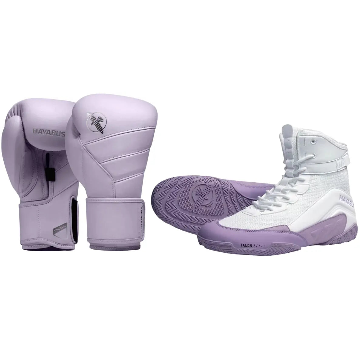 Hayabusa set met paarse bokshandschoenen en wit paarse boksschoenen, gepresenteerd op een witte achtergrond.
