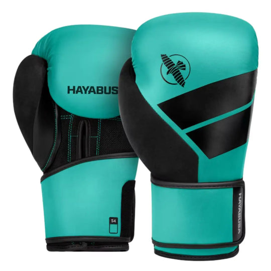 Paar bokshandschoenen van Hayabusa in het S4 model, uitgevoerd in turquoise met zwarte accenten en een klittenbandsluiting met het Hayabusa-logo zichtbaar.
