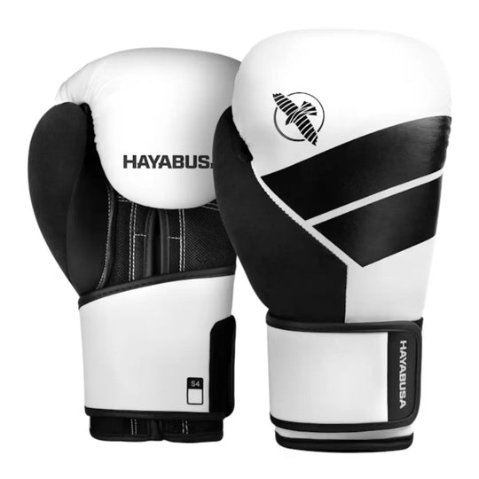 Witte en zwarte Hayabusa bokshandschoenen met velcro sluiting en zichtbaar S4 label.