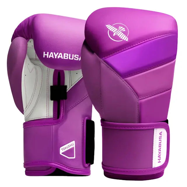 Neon paarse Hayabusa T3 Kanpeki bokshandschoenen met klittenbandsluiting en wit logo, voor- en achterkant zichtbaar.