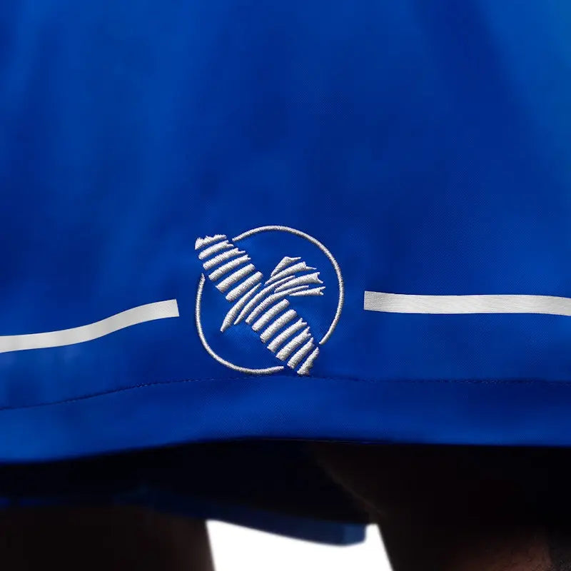 Close-up of the embroidered Hayabusa logo on blue boxing shorts, positioned near the hem and bordered by clean white accent lines. The precise stitching and smooth fabric finish highlight durability and premium craftsmanship. Designed to maintain comfort and freedom of movement during boxing training and sparring.