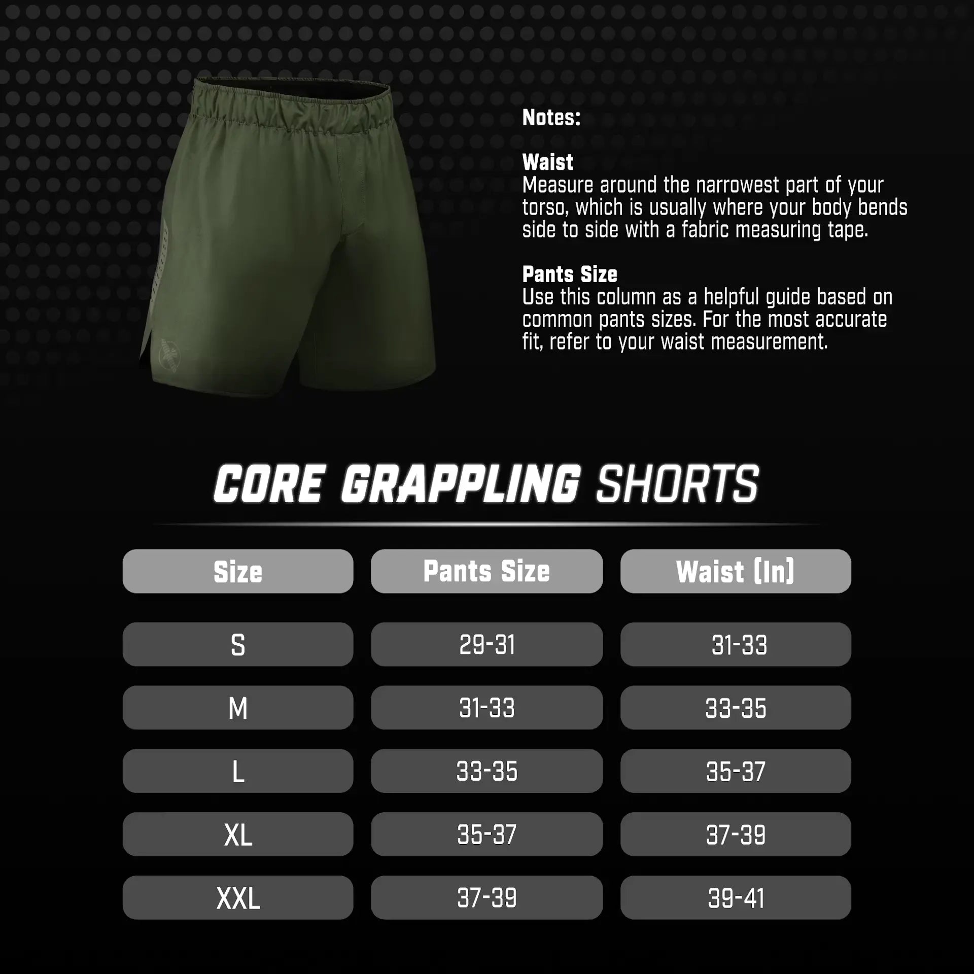 Maattabel voor Hayabusa Core Grappling Shorts met overzicht van maten S tot XXL. De afbeelding toont bijbehorende broekmaten en taille-omtrek in inches, inclusief instructies voor het correct opmeten van de taille. Helpt bij het kiezen van de juiste maat voor een comfortabele en nauwkeurige pasvorm tijdens training.