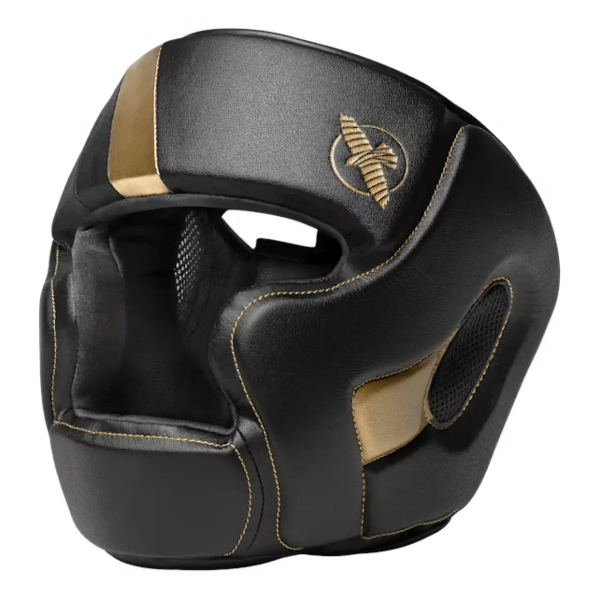 Zwart met gouden Hayabusa hoofdbeschermer met logo en beschermende padding.