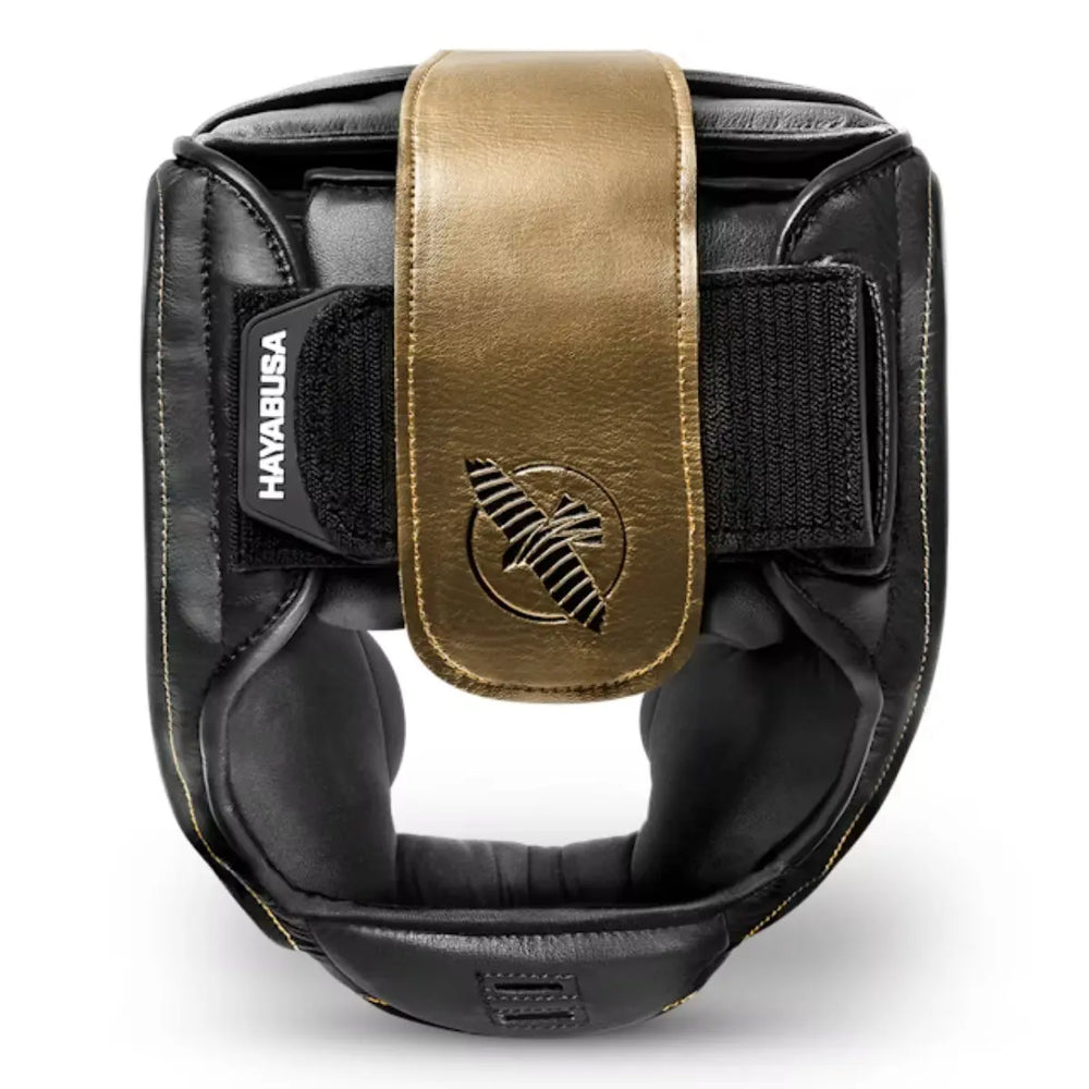 Zwart met gouden Hayabusa hoofdbeschermer met klittenbandsluiting en logo aan de achterkant.