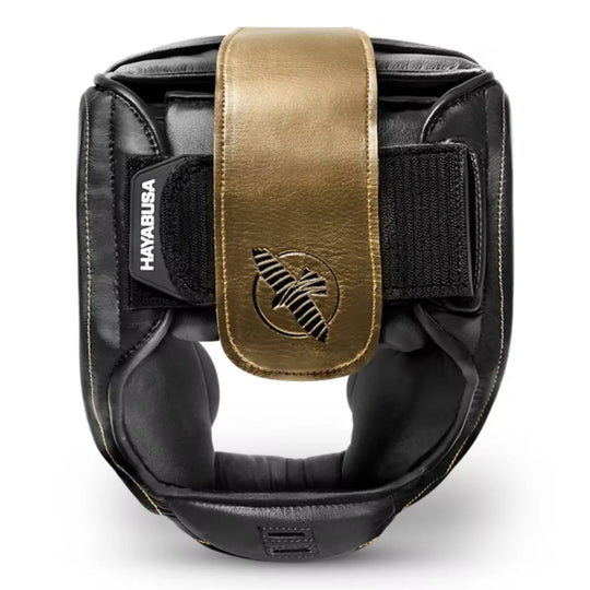 Zwart met gouden Hayabusa hoofdbeschermer met klittenbandsluiting en logo aan de achterkant.