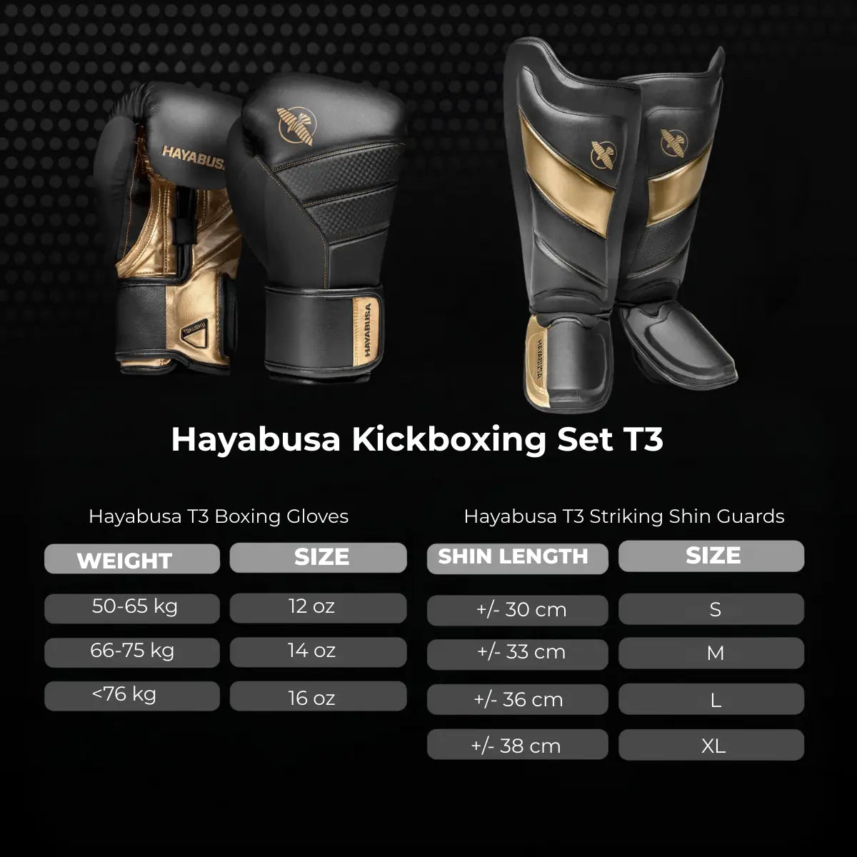 Hayabusa kickboks set T3 met zwarte en goudkleurige bokshandschoenen en bijpassende scheenbeschermers, inclusief overzicht van gewicht- en maatadvies voor handschoenen en scheenbeschermers.