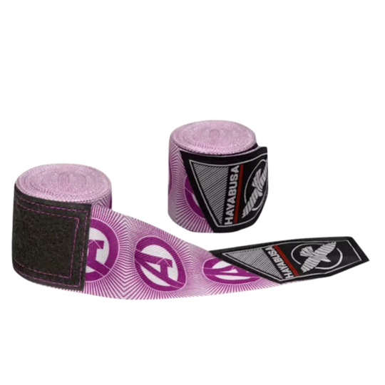 Opgerolde paarse Hayabusa Marvel Hero Elite handwraps met Avenger-logo en klittenbandsluiting.
