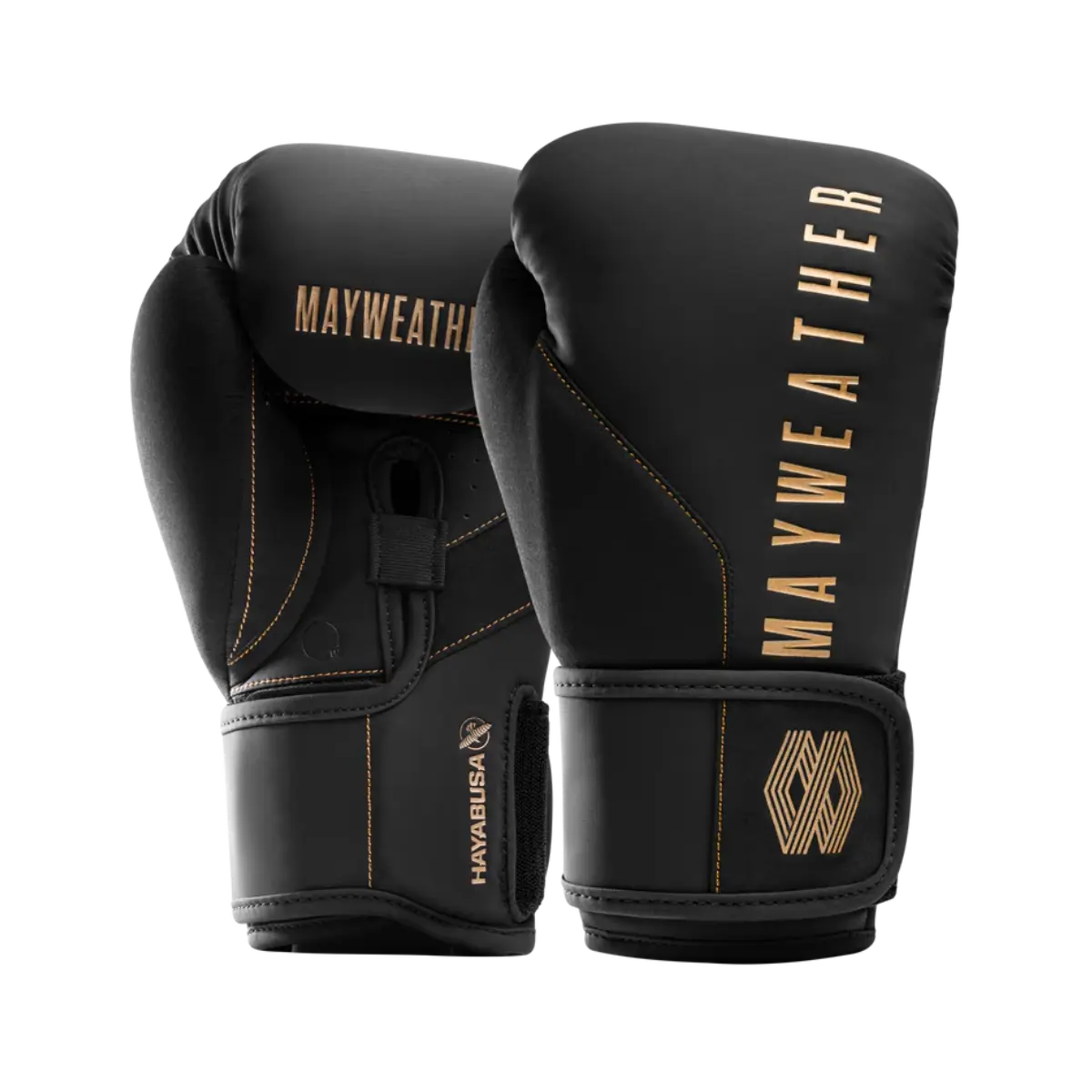 Zwarte Hayabusa Mayweather bokshandschoenen met klittenbandsluiting, goudkleurige accenten en gestileerde MAYWEATHER branding aan buitenzijde.