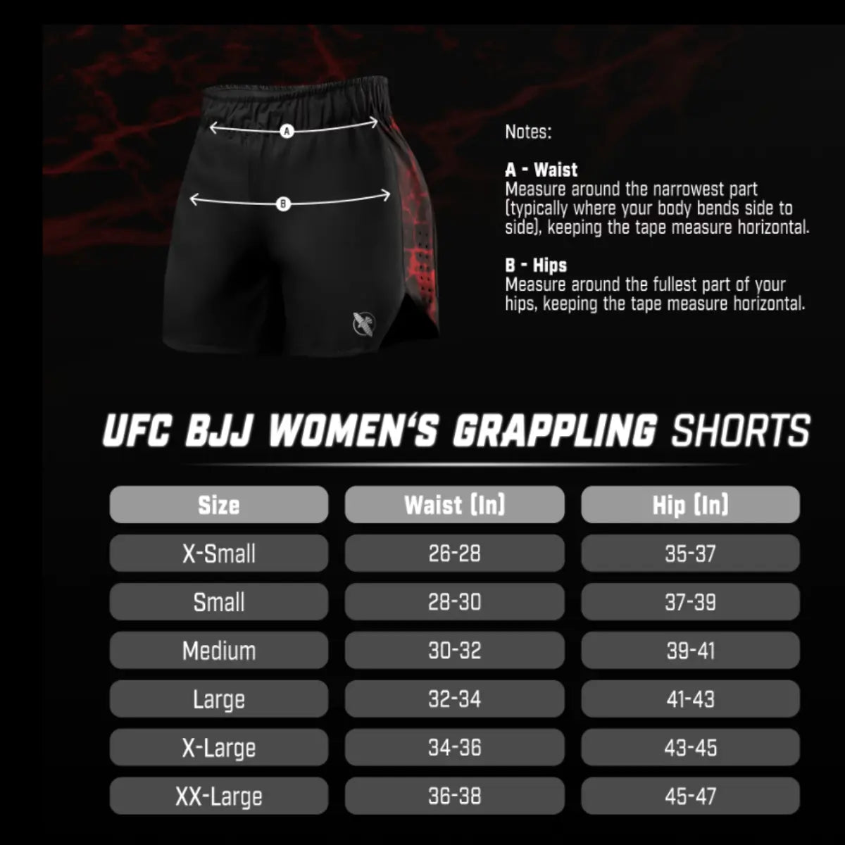 Deze afbeelding toont de maattabel voor de UFC BJJ Women’s Grappling Shorts, met bovenaan een visual van de zwarte shorts met rode zijpanelen. De illustratie bevat pijlen die aangeven waar je taille (A) en heupomvang (B) moet meten, aangevuld met korte meetinstructies rechts. Onder de afbeelding staat een overzichtelijke tabel met maten van X-Small tot XX-Large, inclusief bijbehorende taille- en heupmetingen in inches. De donkere achtergrond en rode accenten geven de maattabel een professionele en sportieve