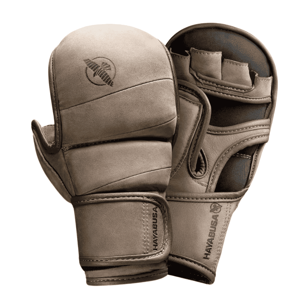 Hayabusa T3 LX Hybrid MMA handschoenen in Vintage kleur, zijaanzicht met zicht op het Hayabusa-logo en stevige polssluiting










