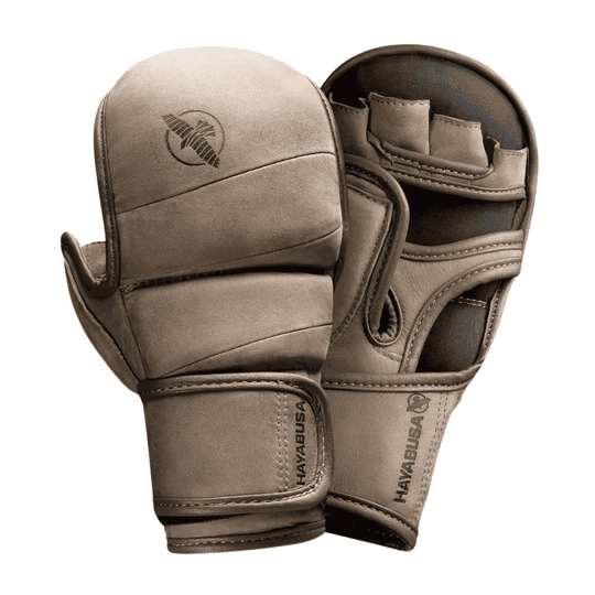 Hayabusa T3 LX Hybrid MMA handschoenen in Vintage kleur, zijaanzicht met zicht op het Hayabusa-logo en stevige polssluiting









