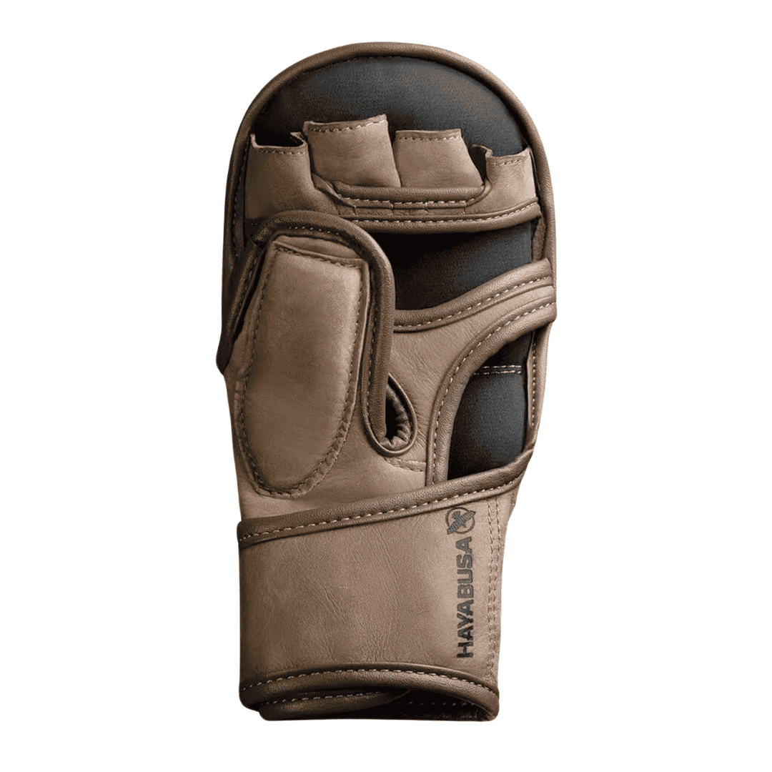 Hayabusa T3 LX Hybrid MMA handschoenen in Vintage kleur, zicht op open handpalm met ventilatiegaatjes en binnenvoering









