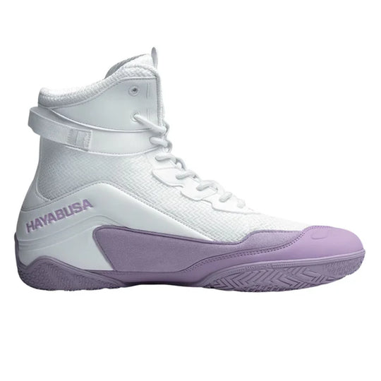 Zijaanzicht van de Hayabusa Talon Boksschoenen in Lavender kleur, met ademend mesh en stevige antislip zool










