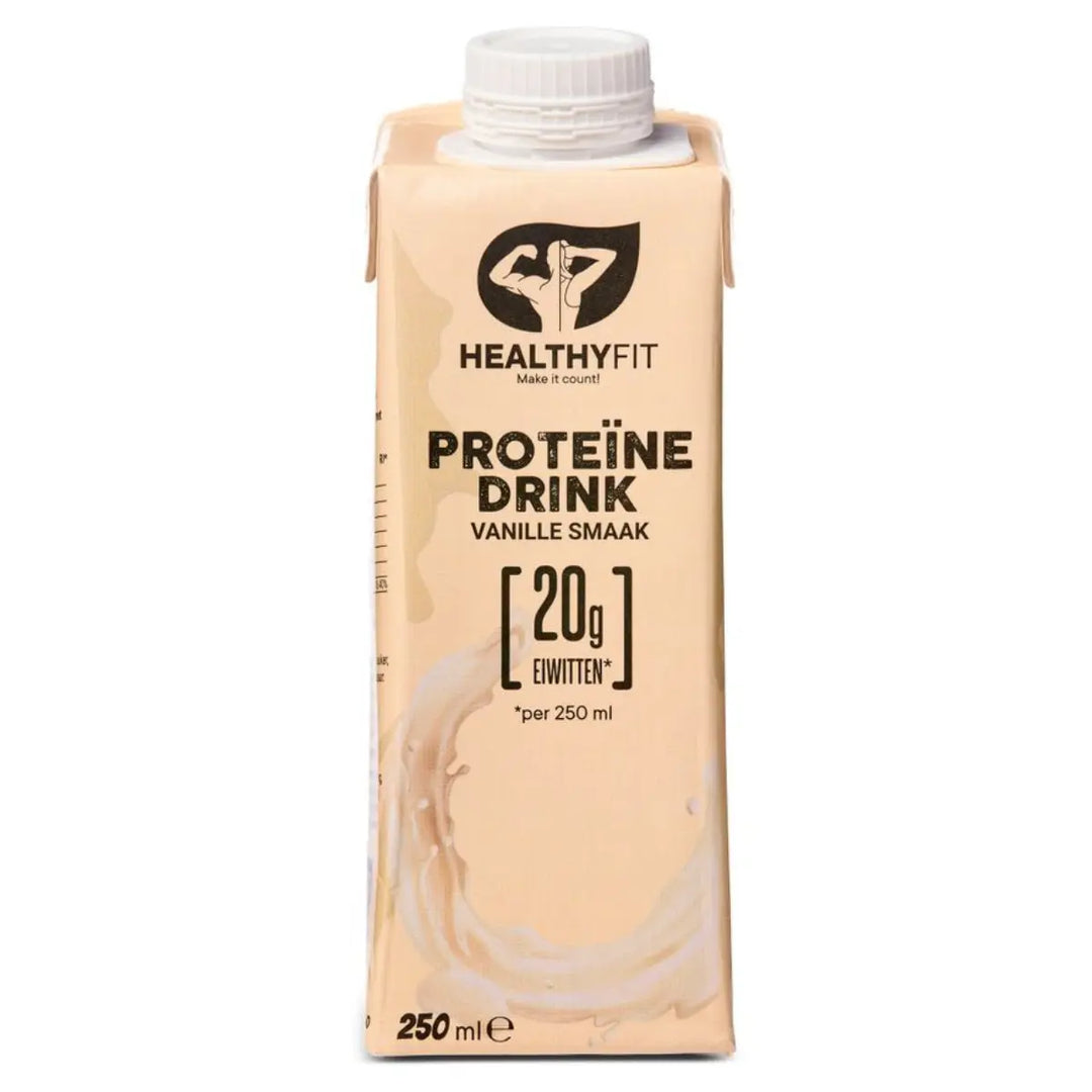 Pakje HealthyFit Proteïne Drink vanille smaak, 250 ml met 20 gram eiwitten per portie.