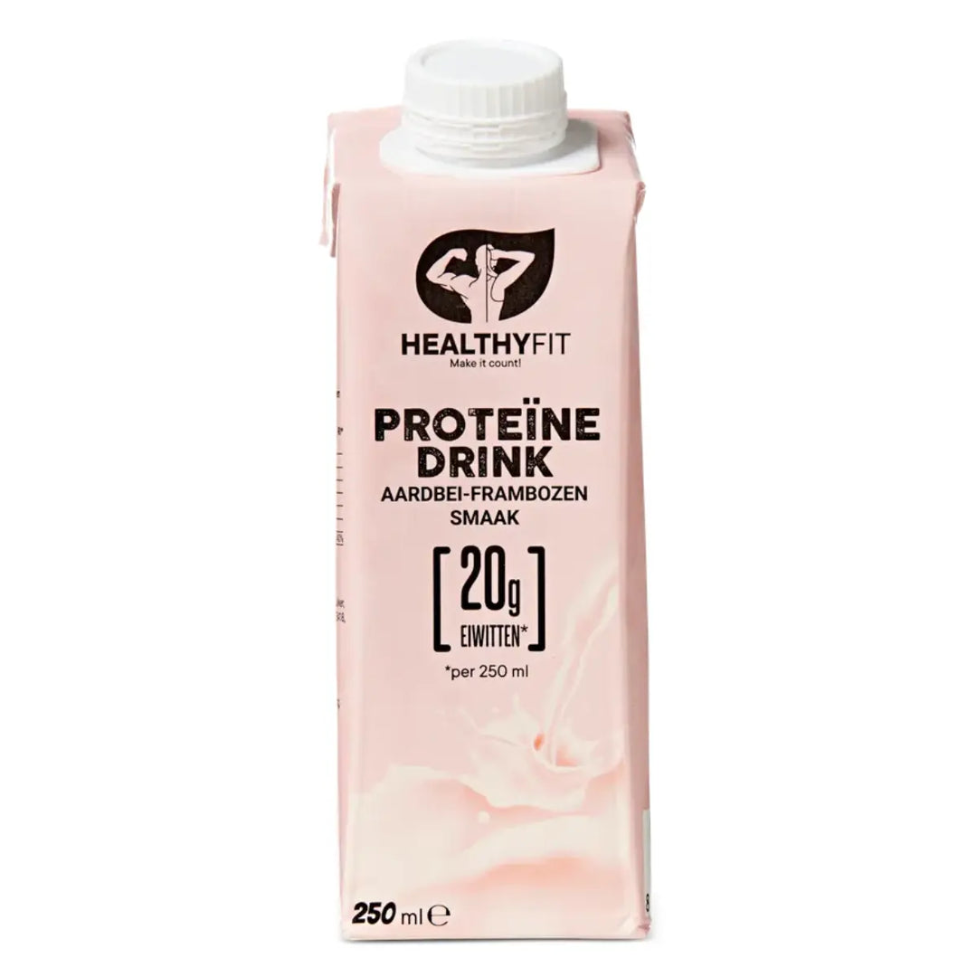 Pakje HealthyFit Proteïne Drink aardbei-frambozen smaak, 250 ml met 20 gram eiwitten per portie.