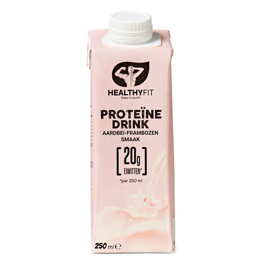 Pakje HealthyFit Proteïne Drink aardbei-frambozen smaak, 250 ml met 20 gram eiwitten per portie.
