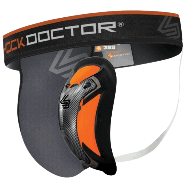 Liesbeschermer van Shock Doctor met een oranje en zwarte kleurstelling, een prominent logo op de elastische tailleband.