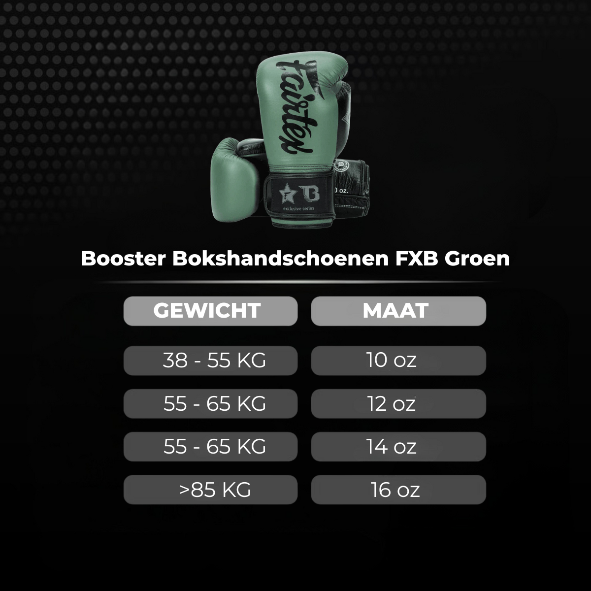 Afbeelding van groene Booster FXB bokshandschoenen met daaronder een maattabel waarin het juiste glove-gewicht staat per gewichtsklasse: 38–55 kg = 10 oz, 55–65 kg = 12 oz, 55–65 kg = 14 oz en boven 85 kg = 16 oz.