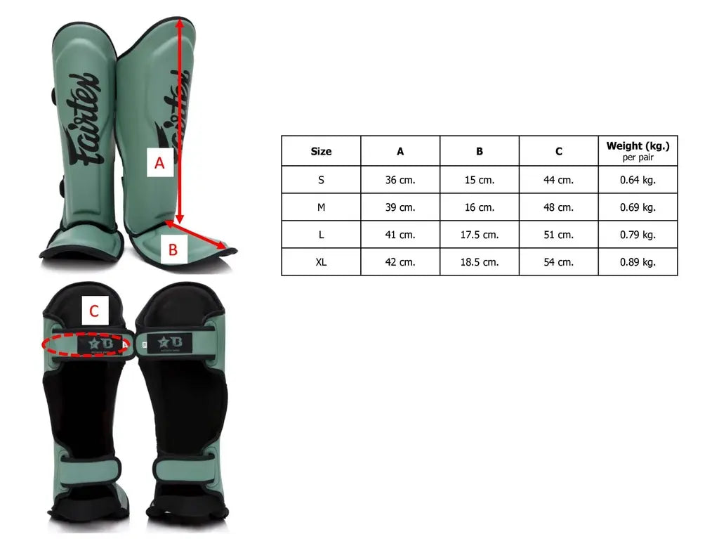 Afbeelding van Fairtex-scheenbeschermers met maataanduidingen A, B en C, naast een tabel met maten (S, M, L, XL), afmetingen in centimeters en gewicht per paar.