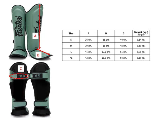 Afbeelding van Fairtex-scheenbeschermers met maataanduidingen A, B en C, naast een tabel met maten (S, M, L, XL), afmetingen in centimeters en gewicht per paar.