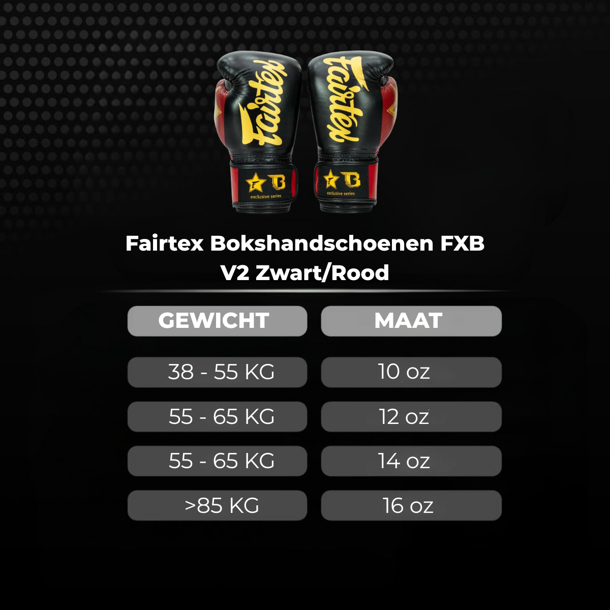 Afbeelding van Fairtex FXB V2 bokshandschoenen in zwart met rode details, met daaronder een maattabel die de aanbevolen handschoenmaat per gewicht toont: 38–55 kg = 10 oz, 55–65 kg = 12 oz, 55–65 kg = 14 oz en boven 85 kg = 16 oz.