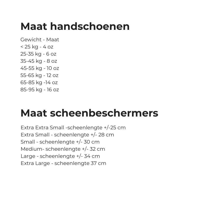 Super Pro Champ set maattabel met bokshandschoenen per gewicht van 4 oz tot 16 oz en scheenbeschermers per scheenlengte in cm, ideaal voor kinderen en volwassenen in kickboksen en bokstraining
