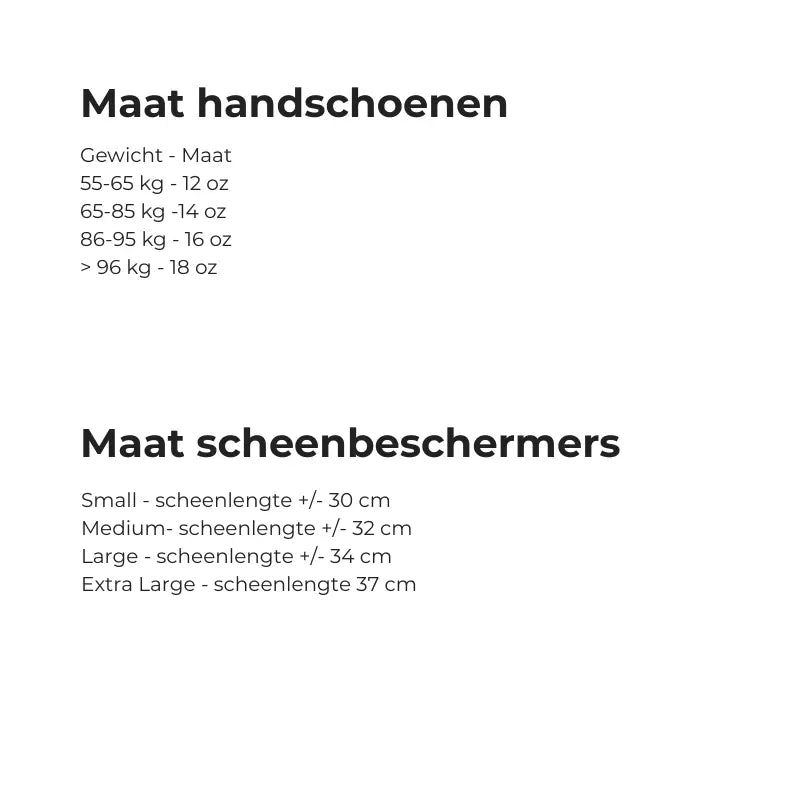 Super Pro Legend set maattabel met bokshandschoenen per gewichtsklasse en scheenbeschermers per scheenlengte in cm, geschikt voor kickboksen, boksen en intensieve trainingen