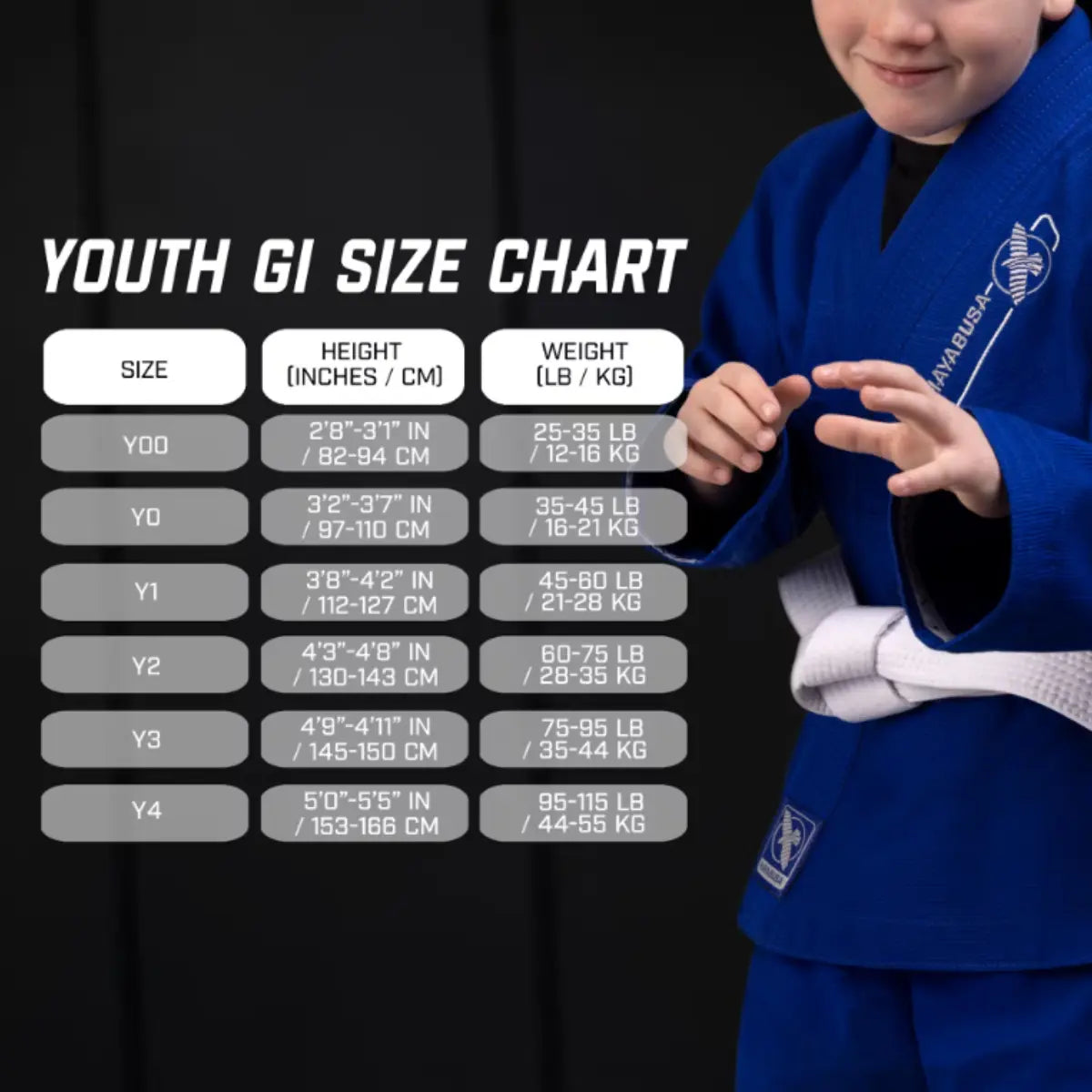 Maatwijzer Hayabusa Essential BJJ Gi voor kinderen met lengtematen in cm en inch en gewicht in kg en lb, beschikbaar van maat Y00 t/m Y4