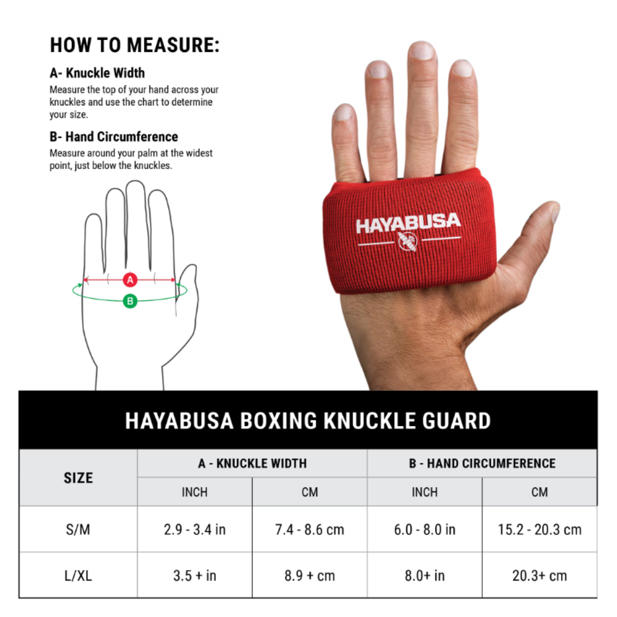 Maattabel voor Hayabusa Boxing Knuckle Guard met illustratie van knokkelbreedte en handomtrek meting. Foto toont een hand met rode knuckle guard. Tabel geeft maten S/M en L/XL weer met afmetingen in inches en centimeters.