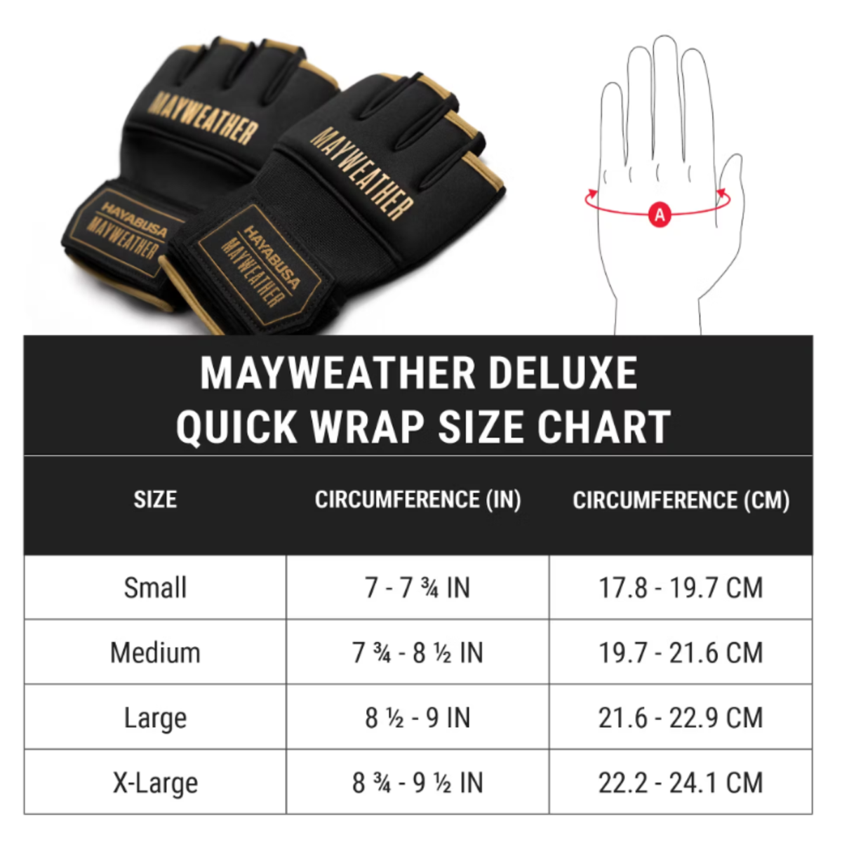 Maatwijzer Hayabusa Mayweather Deluxe Quick Wrap binnenhandschoenen met handomtrek in cm en inch, beschikbaar in maten S t/m XL