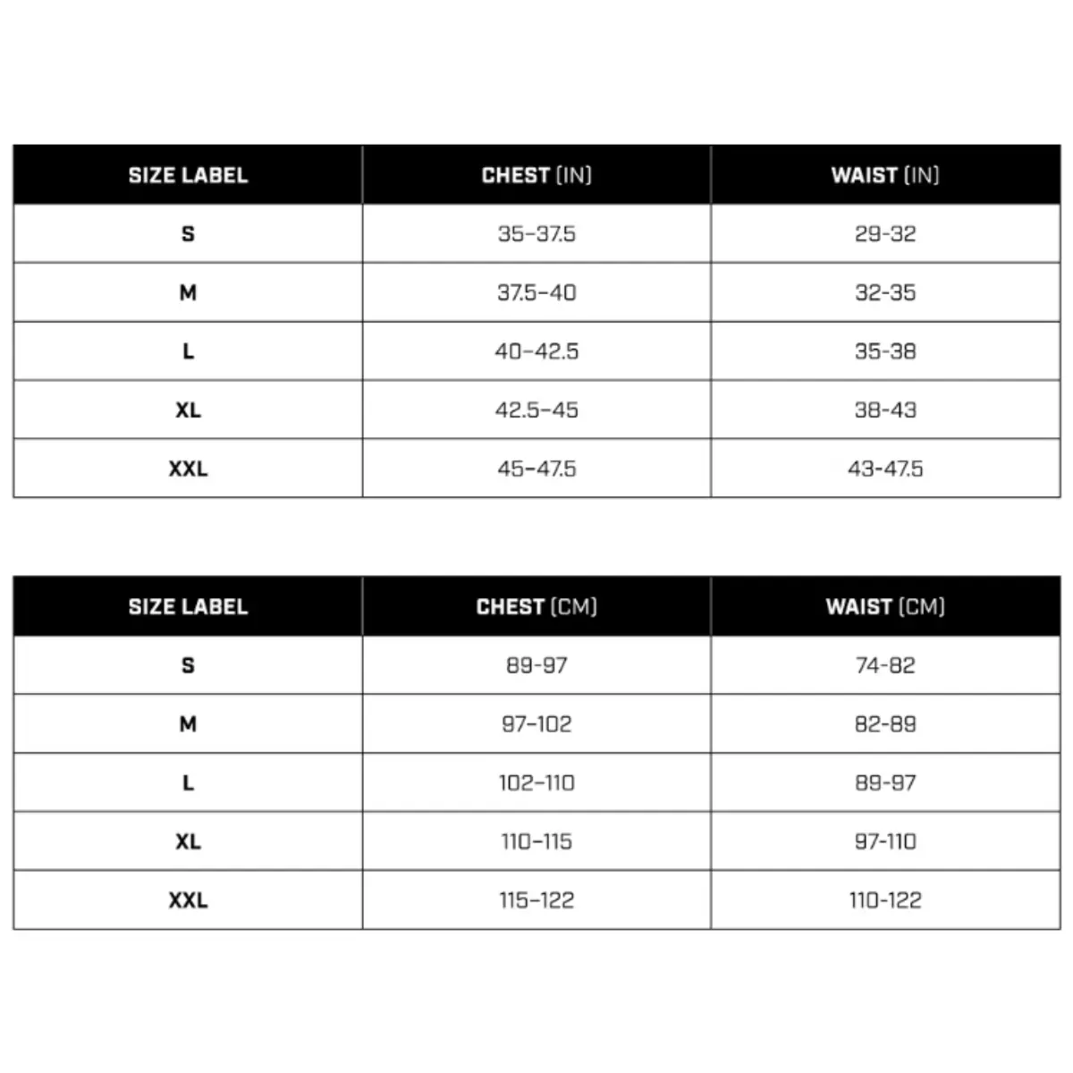 Maattabel met borst- en taillemetingen in inches en centimeters. Tabel toont maten S t/m XXL met borstomtrek van 35–47,5 inch (89–122 cm) en taille van 29–47,5 inch (74–122 cm).