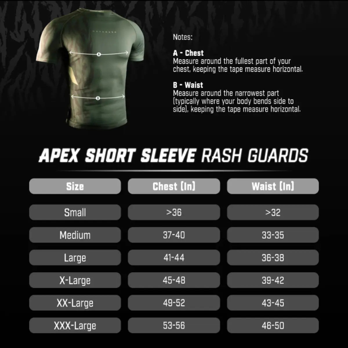 Maattabel voor Apex Short Sleeve Rash Guards met illustratie van borst- en taillematen. Tabel toont maten Small t/m XXX-Large met borst- en tailleomtrek in inches.