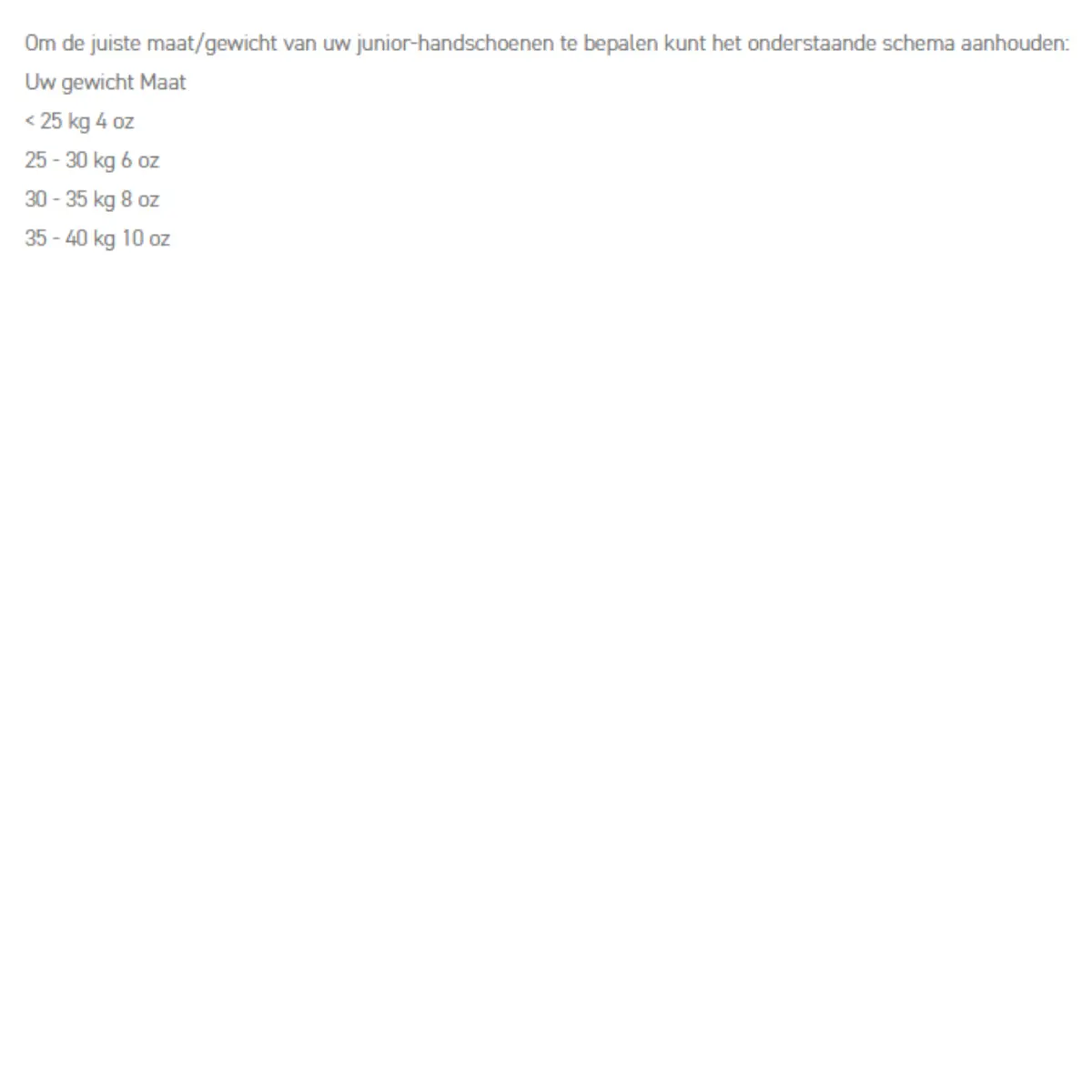 Schema voor het bepalen van de juiste maat junior bokshandschoenen op basis van gewicht: <25 kg = 4 oz, 25–30 kg = 6 oz, 30–35 kg = 8 oz, 35–40 kg = 10 oz.