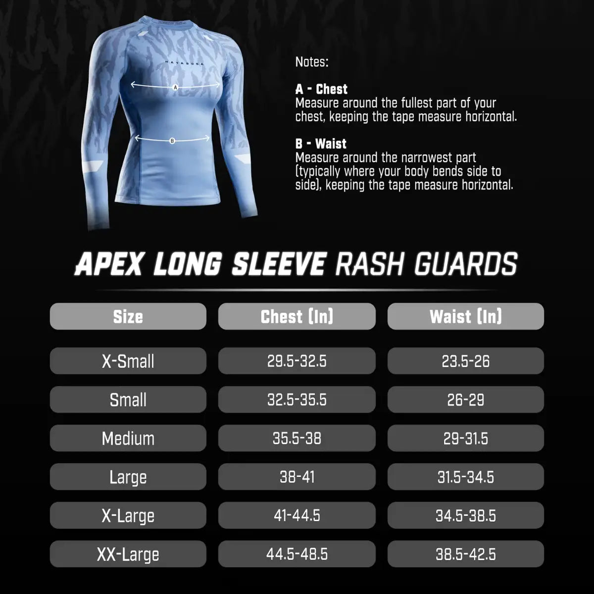 Maattabel voor Apex Women's Long Sleeve Rash Guards met illustratie van borst- en taillematen. Afbeelding toont lichtblauwe rashguard met lange mouwen. Tabel geeft maten X-Small t/m XX-Large weer met borst- en tailleomtrek in inches.