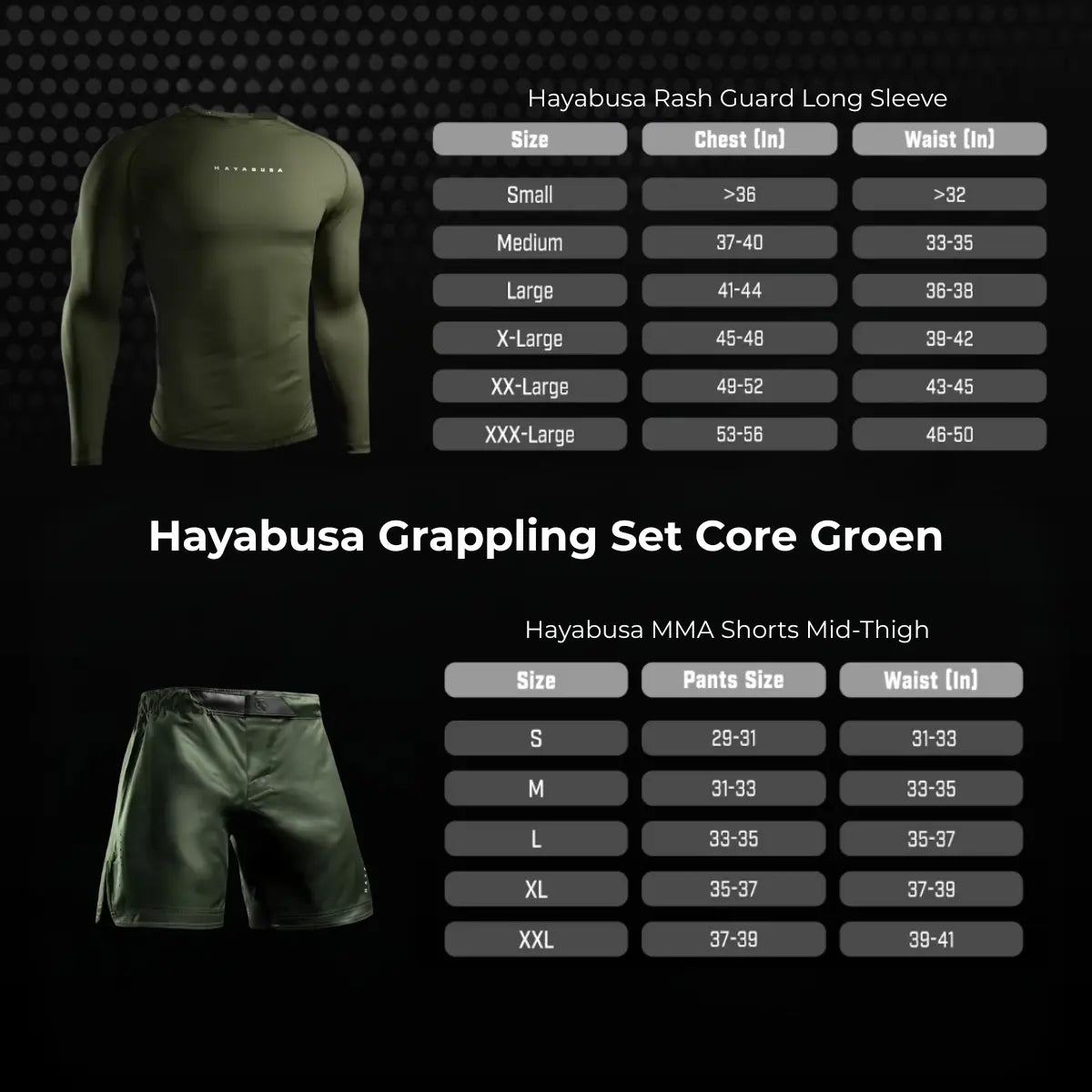 Overzicht van de Hayabusa Grappling Set Core Groen met groene long sleeve rashguard en bijpassende groene MMA shorts, inclusief maattabellen voor borst-, taille- en broekmaten voor een optimale pasvorm.