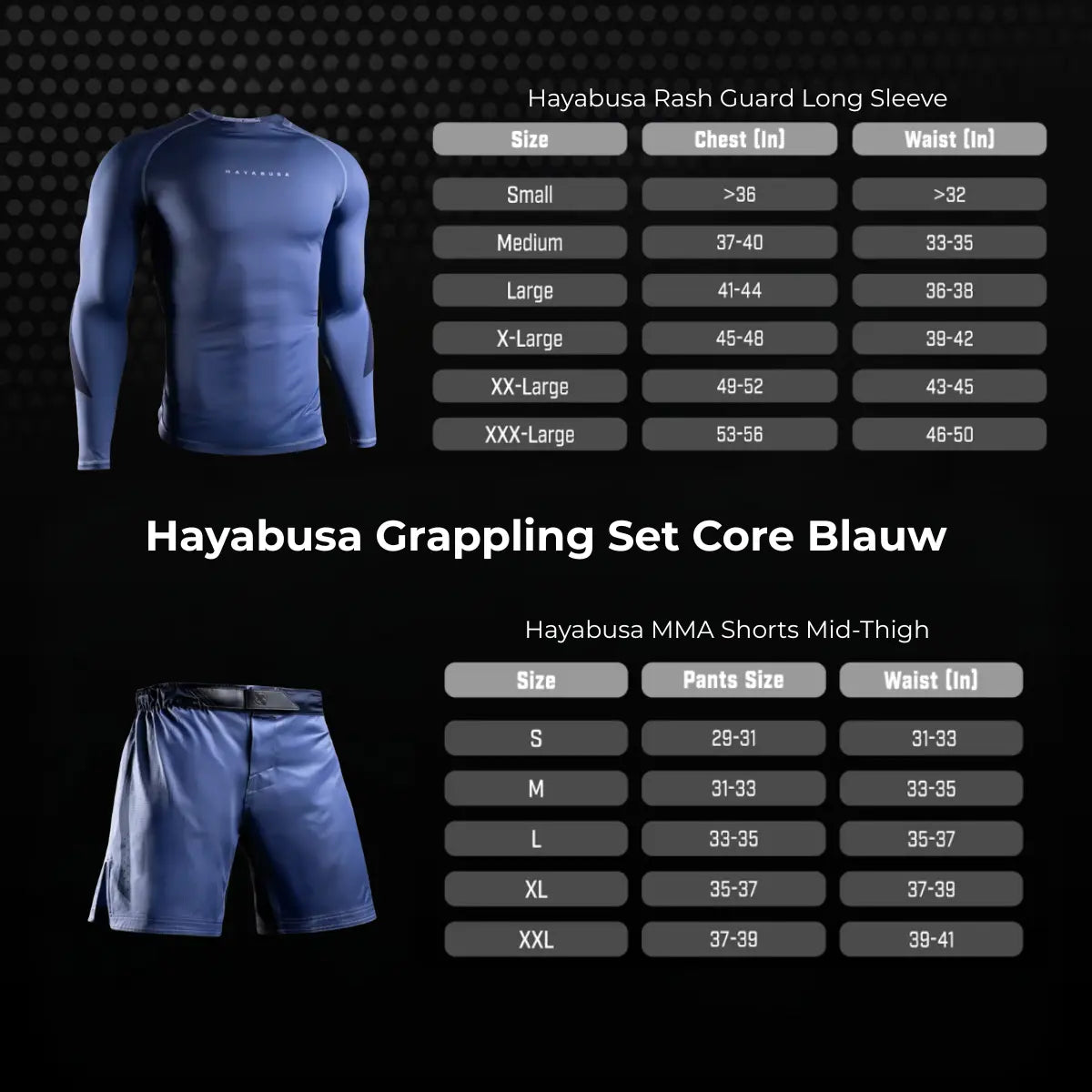 Overzicht van de Hayabusa Grappling Set Core Blauw met blauwe long sleeve rashguard en bijpassende blauwe MMA shorts, inclusief maattabellen voor borst-, taille- en broekmaten voor een nauwkeurige maatkeuze.