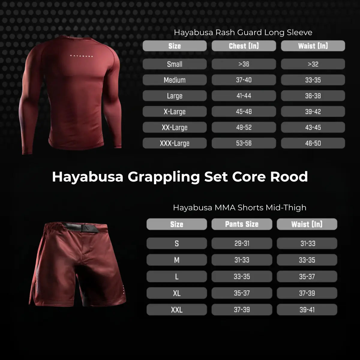 Overzicht van de Hayabusa Grappling Set Core Rood met rode long sleeve rashguard en bijpassende rode MMA shorts, inclusief maattabellen voor borst-, taille- en broekmaten voor een nauwkeurige maatbepaling.
