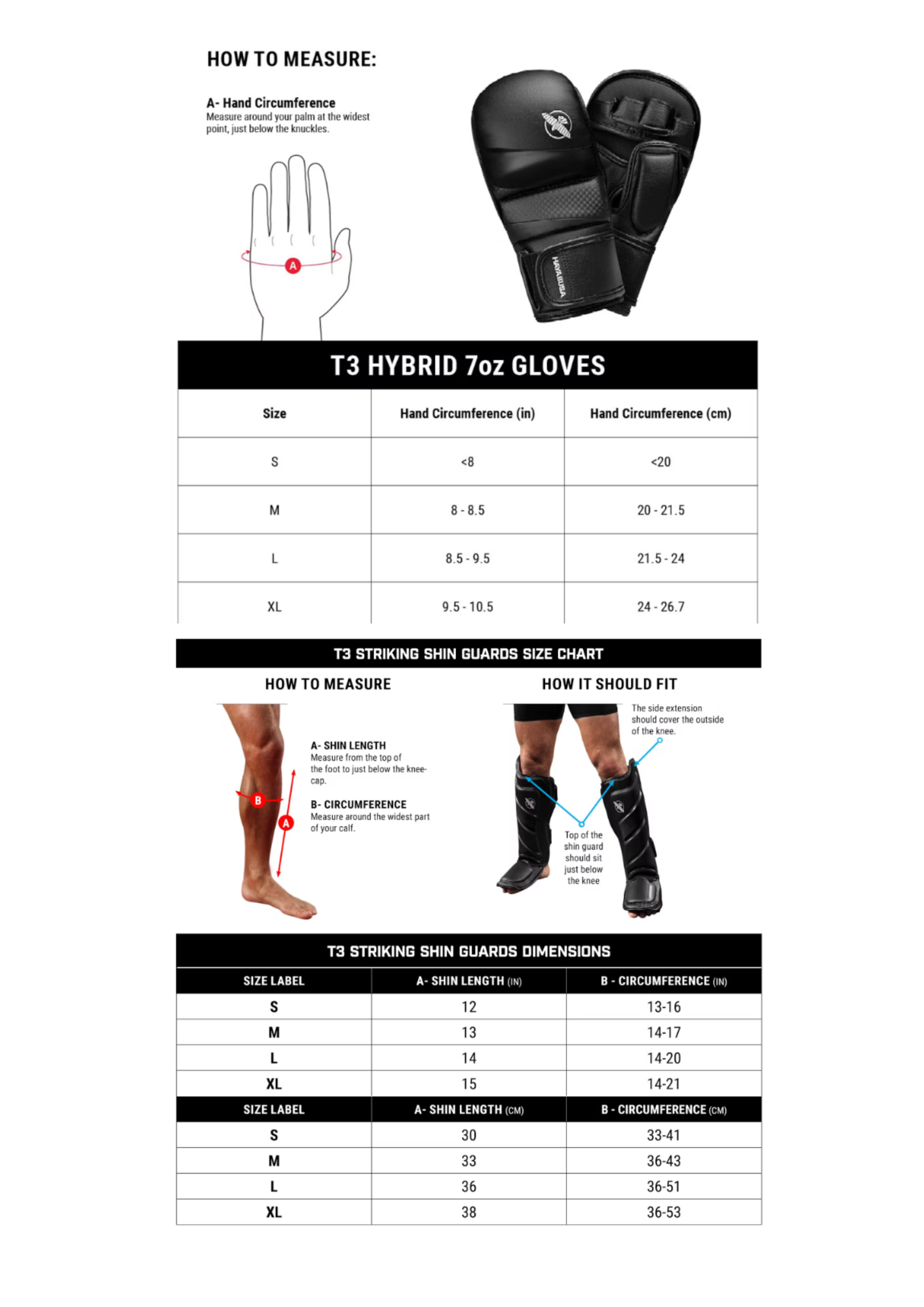 Maattabel voor Hayabusa T3 Hybrid 7oz handschoenen en T3 scheenbeschermers, met meetinstructies (handomtrek, scheenlengte en kuitomtrek) en voorbeeld van de pasvorm.