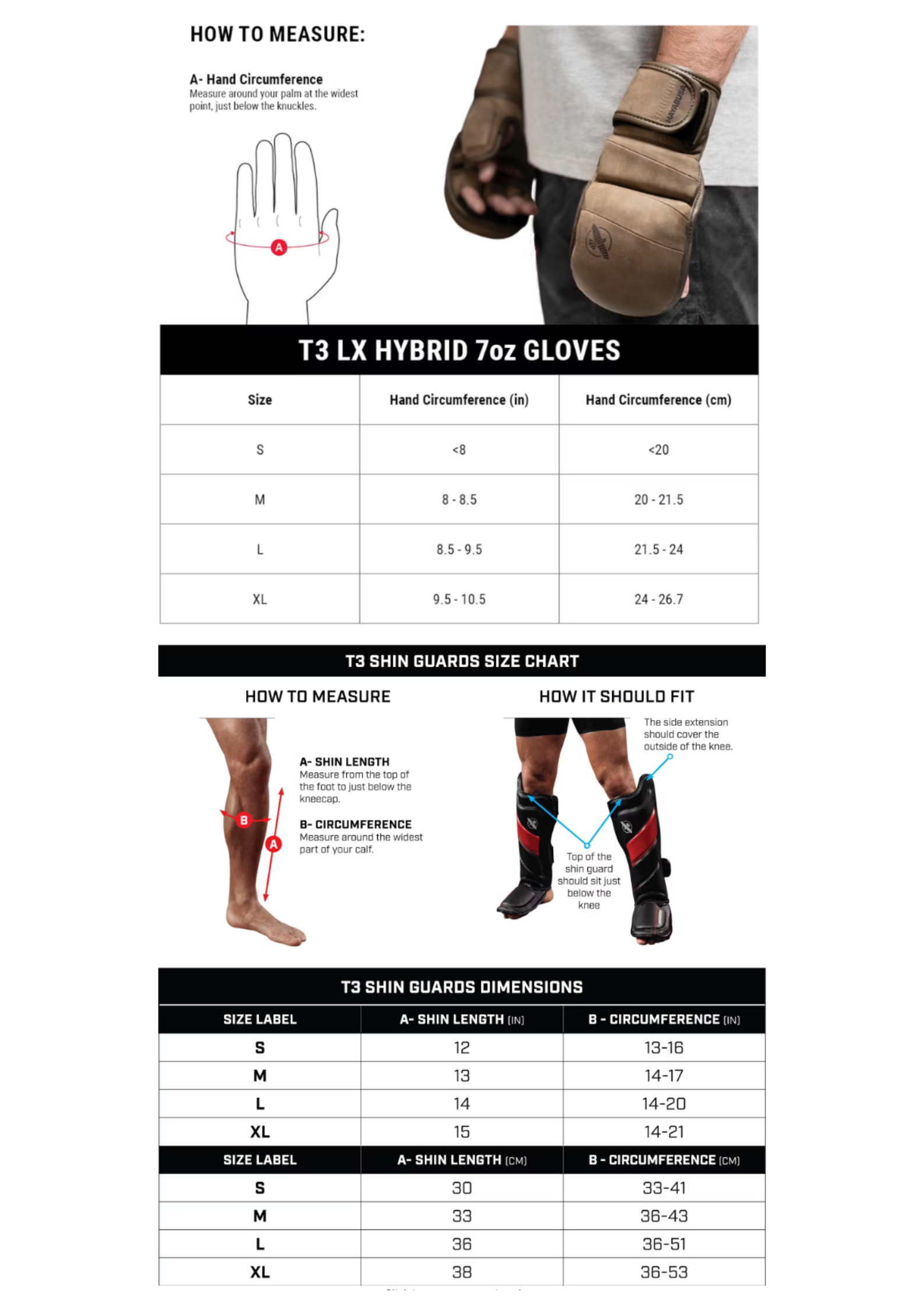 Maattabel voor Hayabusa T3 LX Hybrid 7oz handschoenen en T3 scheenbeschermers, met meetinstructies (handomtrek, scheenlengte en kuitomtrek) en voorbeeld van de pasvorm.