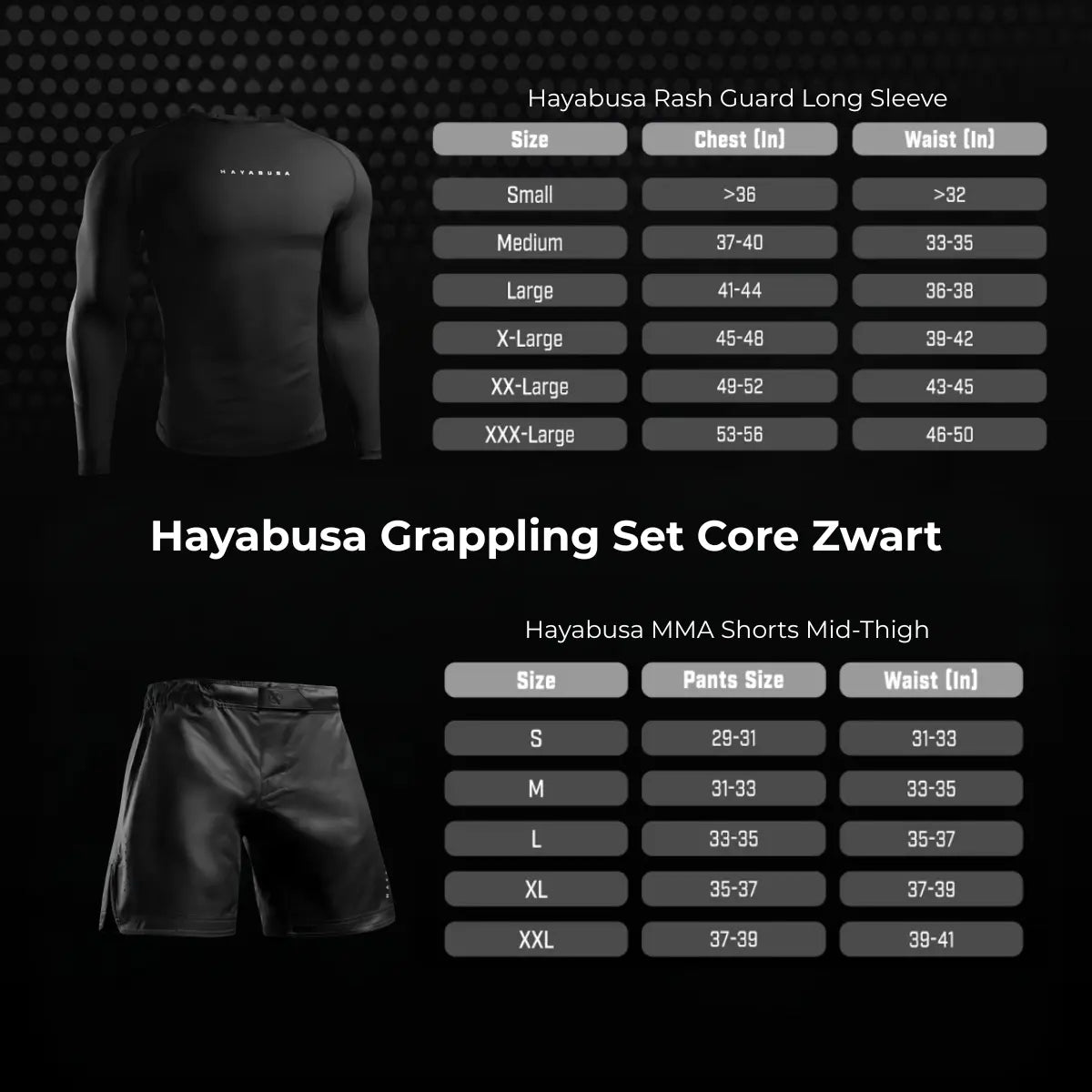 Overzicht van de Hayabusa Grappling Set Core Zwart met zwarte long sleeve rashguard en bijpassende zwarte MMA shorts, inclusief maattabellen voor borst-, taille- en broekmaten voor een nauwkeurige maatkeuze.