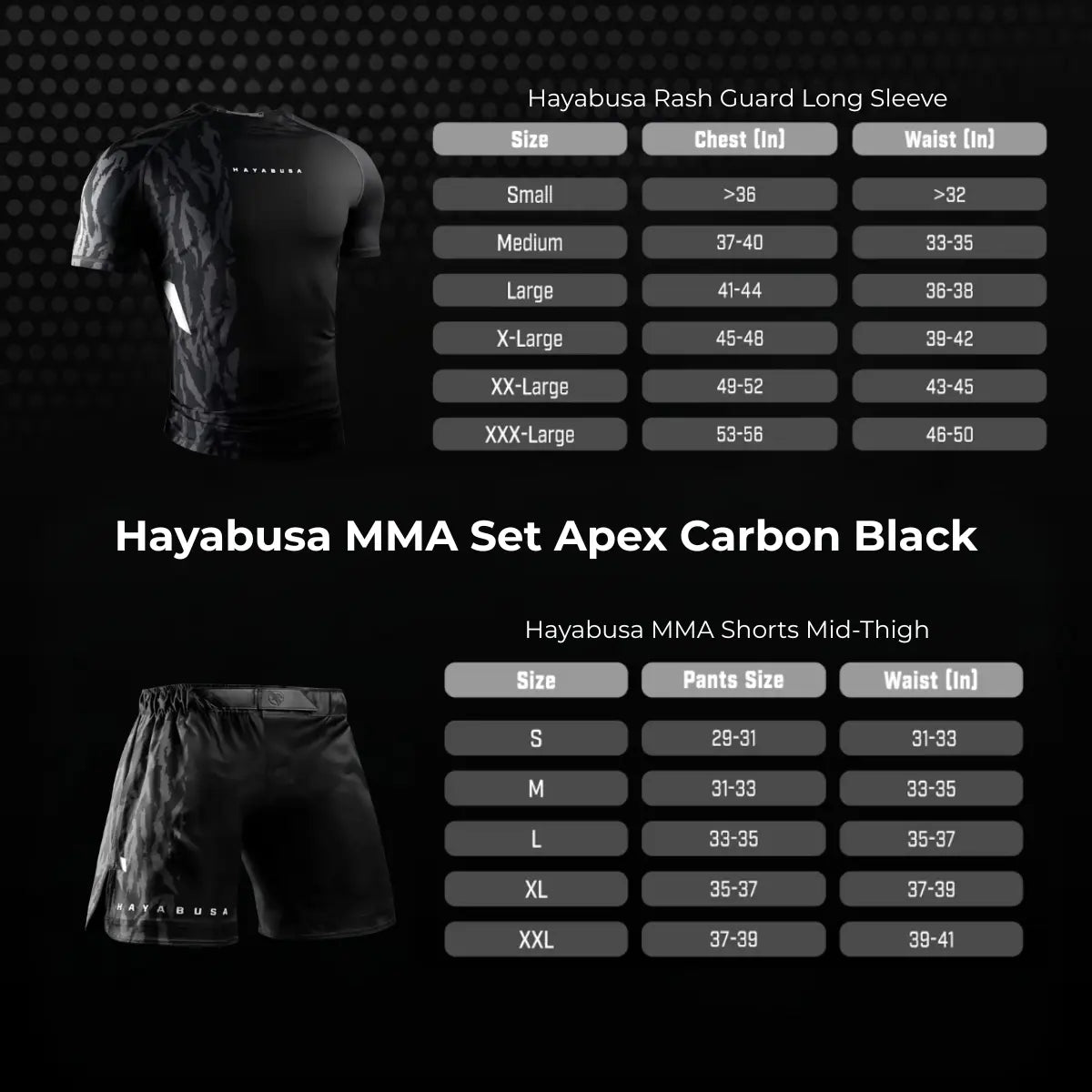 Hayabusa MMA Set Apex Carbon Black met zwarte rashguard met subtiel patroon en bijpassende mid-thigh MMA shorts, inclusief maattabellen voor borst-, taille- en broekmaten in inches voor een perfecte pasvorm.