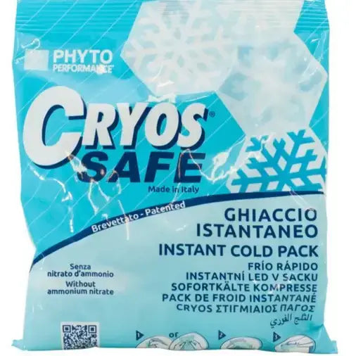Cryos Safe direct koud kompres in blauwe verpakking met verschillende talen en ijsvlok afbeeldingen.