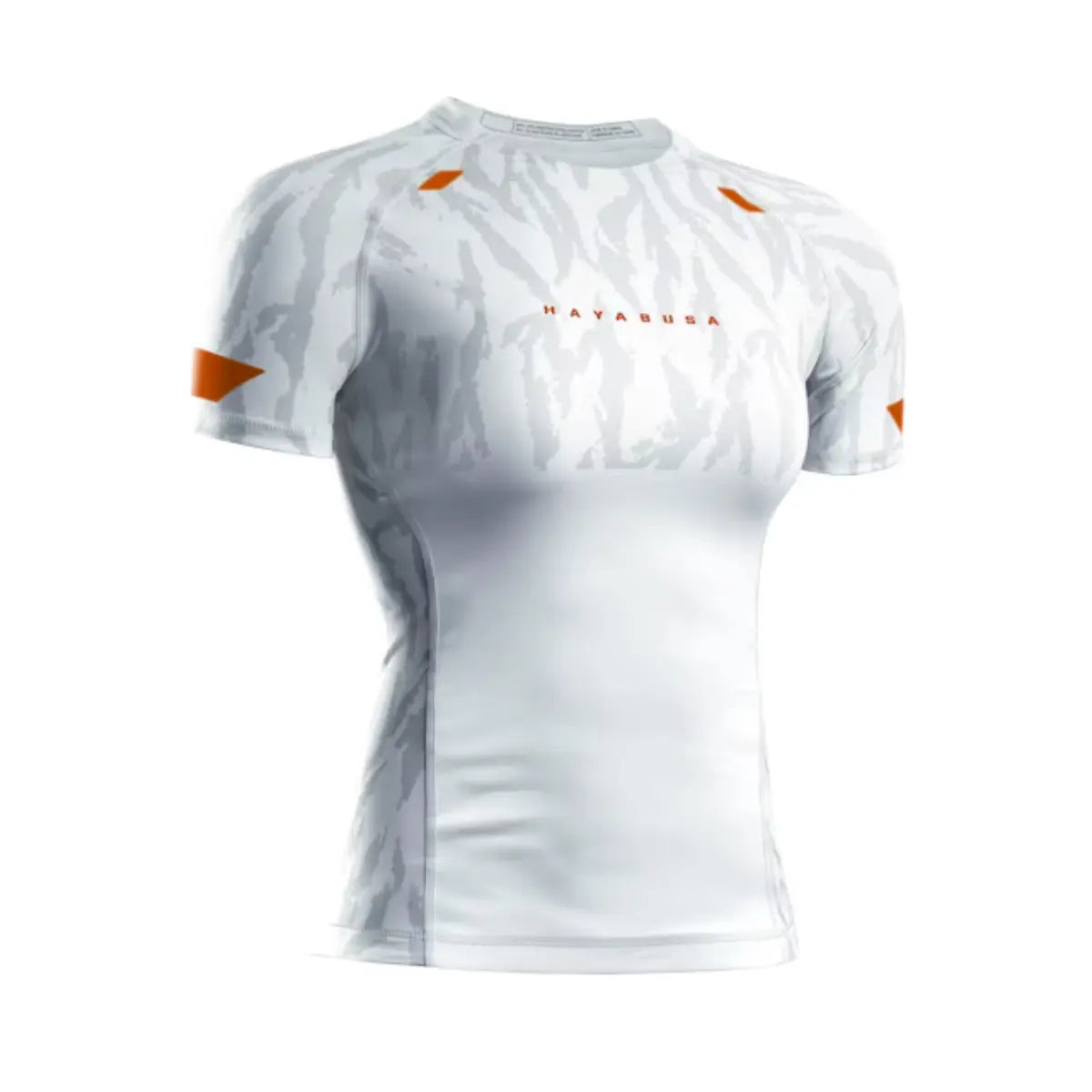 Vooraanzicht van de Hayabusa Apex dames rashguard korte mouw in Ash White, met lichtgrijs camo-design en oranje logo-accenten.