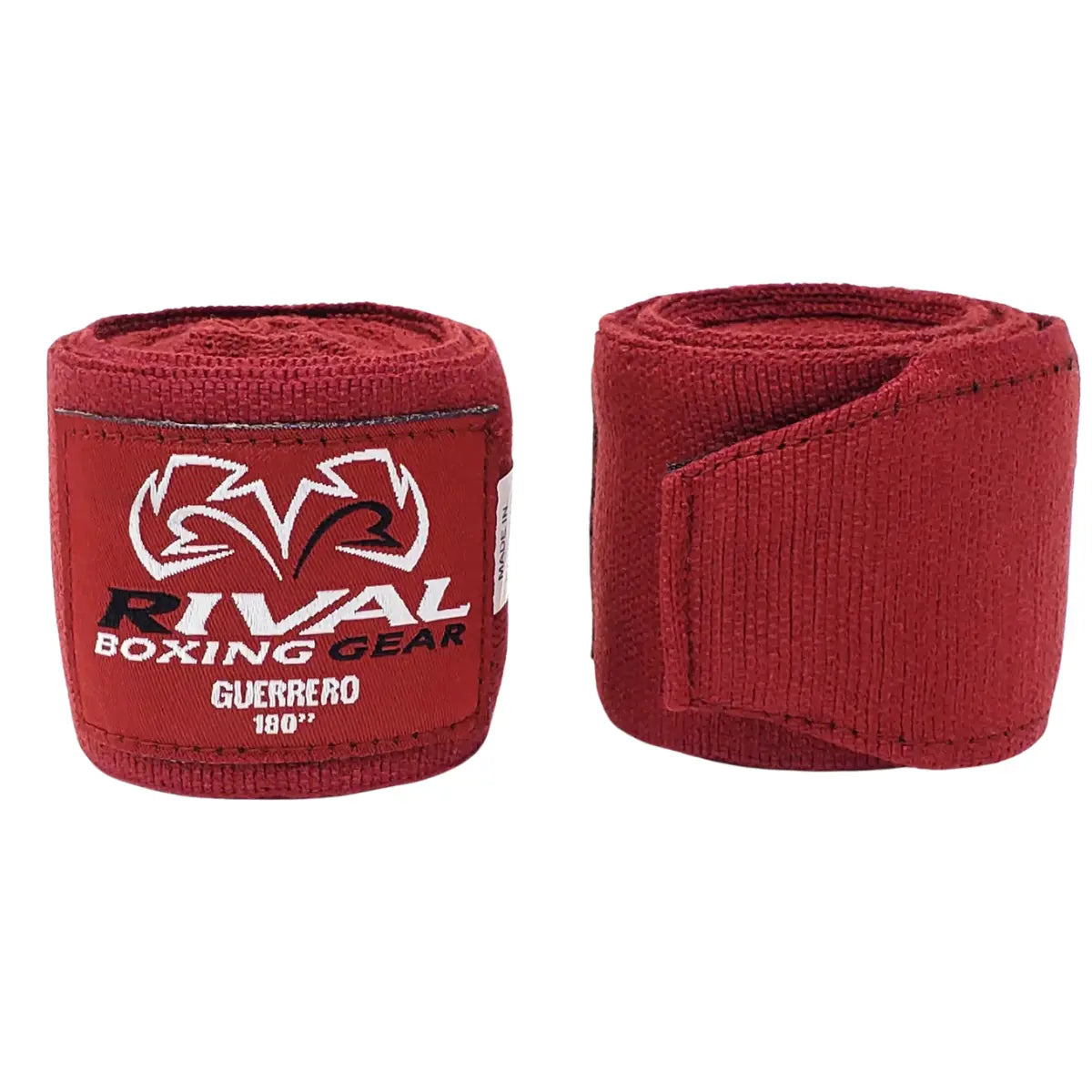 Twee strak opgerolde Rival Bandage Guerrero Rood handwraps met opvallend rood ontwerp en wit Rival-logo. Deze 180-inch bandages bieden stevige ondersteuning en comfort tijdens bokstraining, ideaal voor maximale polsstabiliteit en bescherming van de knokkels.